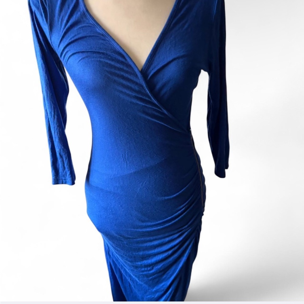 Love J Blue Ruched Wrap Dress with Dolman Sleeves